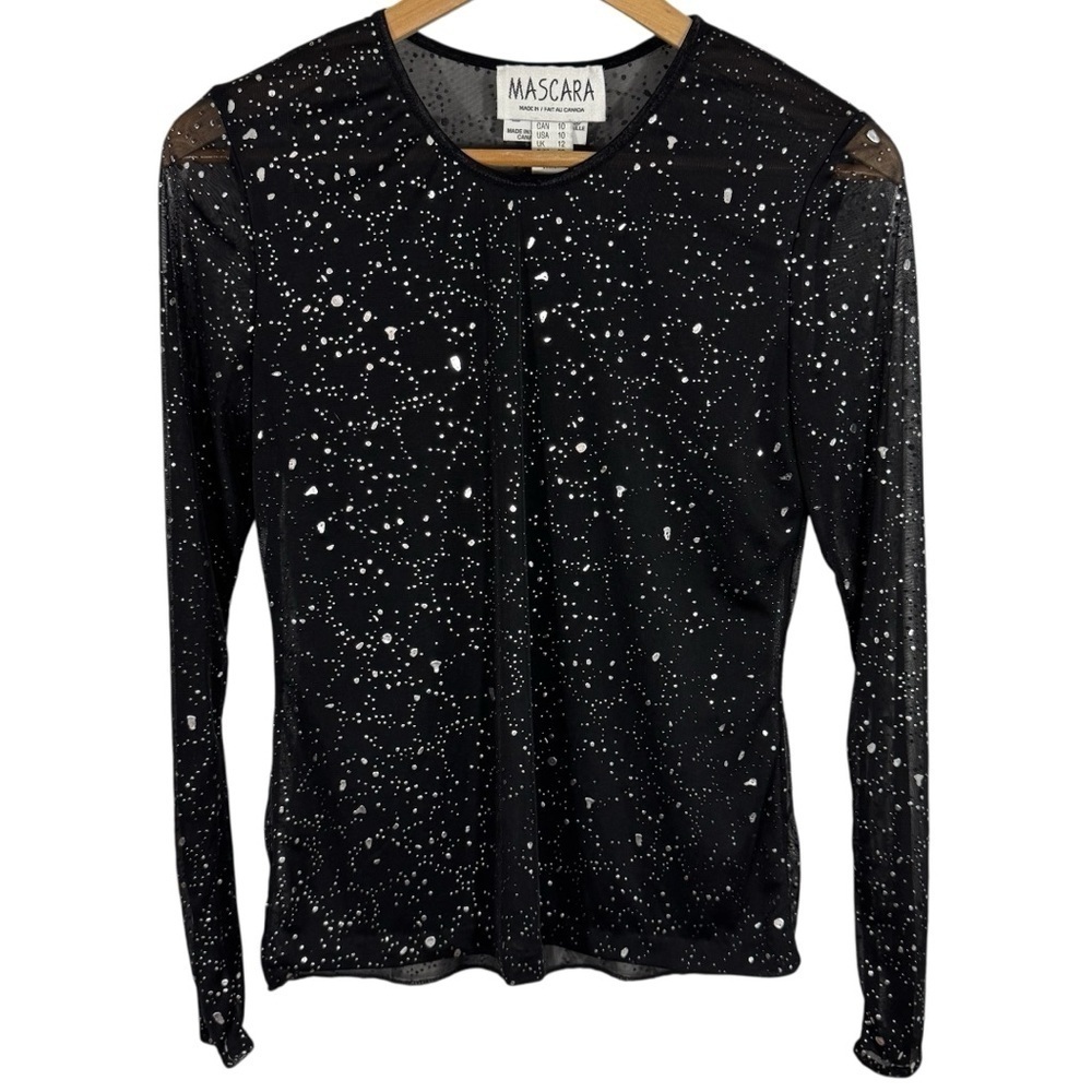 Vintage 90s Sheer Mesh Long Sleeve Top Womens M Black Metallic Splatter Lace EUC